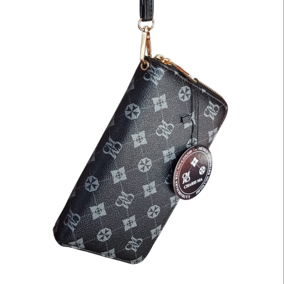 Leather wallet for women Wristlet Purse Clutc small black round zipper Charis Ma - Picture 9 of 12